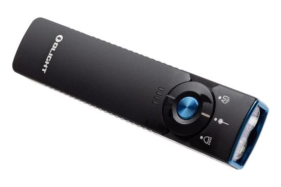Olight 3-in-1 handheld flashlight with white light, UV, and green laser.